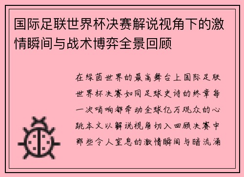 国际足联世界杯决赛解说视角下的激情瞬间与战术博弈全景回顾
